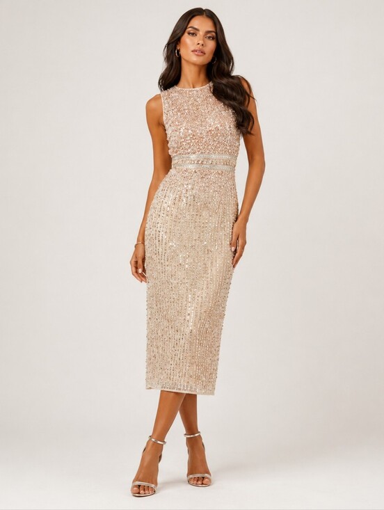 Mac Duggal Dresses & Skirts - Mac Duggal Gold/pink Sequin High Neck Beaded Midi Sheath Dress New Size 4